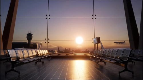 Empty Waiting Room In Airport Terminal At Sunset. Airplane Landing