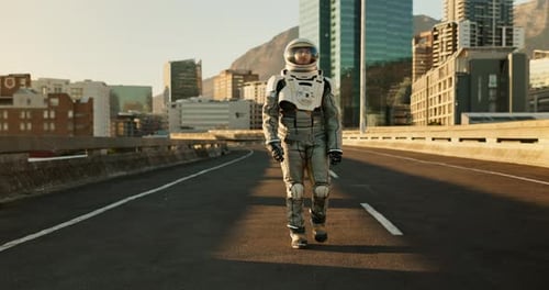Space, travel and astronaut in city with walk, future dystopia and planet for discovery