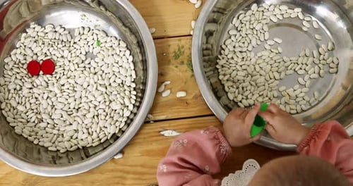 Top down view of toddler playing sensory game with dried pits and nuts