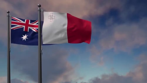 Australia and Malta Flags Waving Against a Dynamic Sky