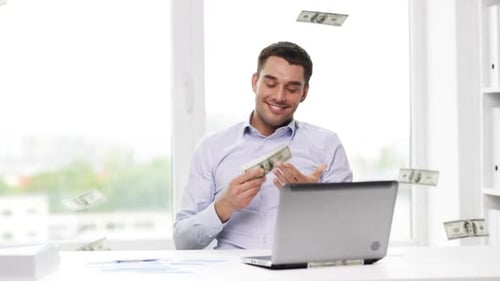 Business, People, Success and Fortune Concept - Happy Businessman with Dollar Money