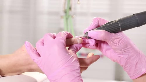 Professional manicurist working with client's nails in beauty salon, closeup