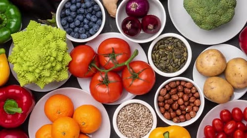 Fresh Produce Arrangement Overhead in Bright Light