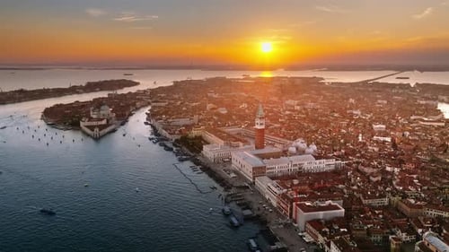 Aerial drone view of Venice City, Italy at sunset