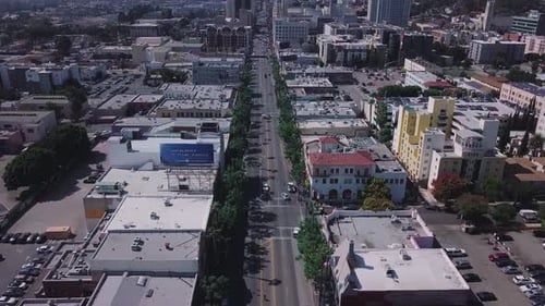 LA: Drone shot over Hollywood Boulevard looking out towards West LA and the Pacific Ocean