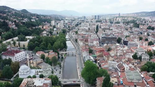 Aerial video of the capital city of Sarajevo of Bosnia and Herzegovina