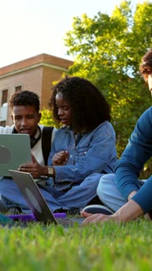 Diverse University Students Collaborating on Laptops Outdoors