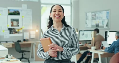 Face, woman and smile with tablet in office for connection, online network