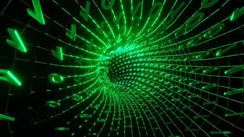 Green digital binary code flowing through data tunnel