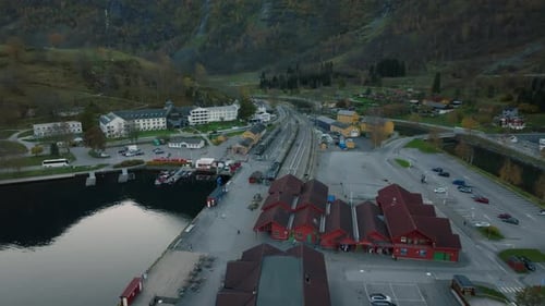 aerial view of flam railroad station at Aurlandsfjord fjord in norway