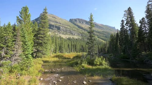 Aster Creek running away from Mount Henry into Two Medicine Lake in Glacier National Park, static