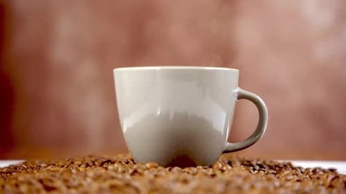 Steaming Cup of Coffee on Coffee Beans