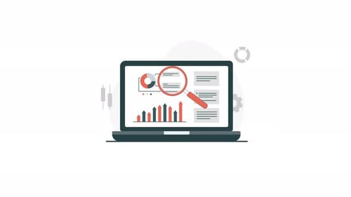 Flat Design Laptop Displaying Animated Data Analysis and Charts