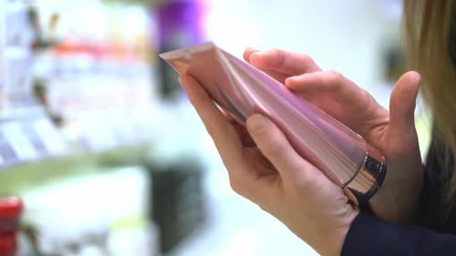 Woman Holding Cosmetic Product in Pharmacy or Beauty Store
