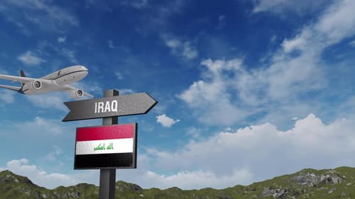 Iraq Flag With Airplane And Arrow Sign