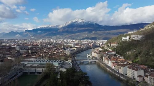 Aerial View of Grenoble France Showcasing the Isere River Residential Buildings and the Bastille