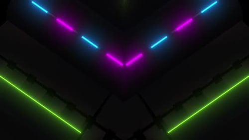 Luzes de néon dinâmicas pulsam em uma grade futurista escura para apresentações de tecnologia