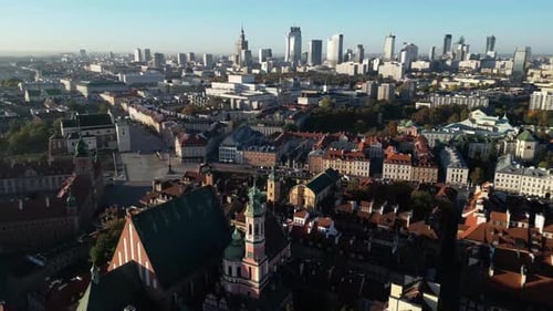 Aerial view of modern European capital city, Warsaw, Poland, Old Town with Skyline in the distance