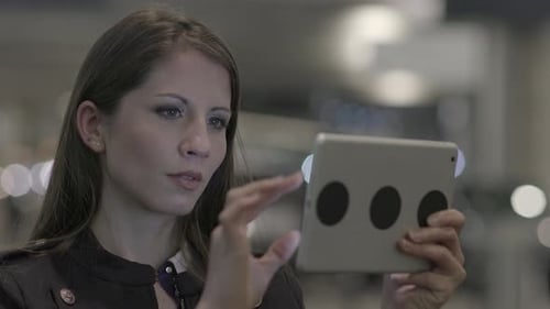 Attractive and Confident Young Woman Using Mobile Tablet Screen In The City