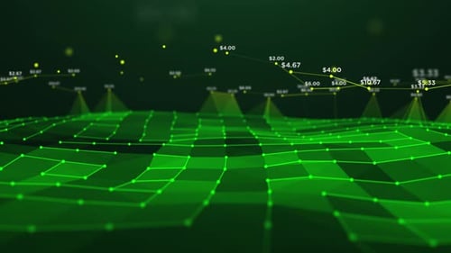 Paysage polygonal vert avec des points de données superposés, symbolisant la cartographie numérique du terrain et les finances