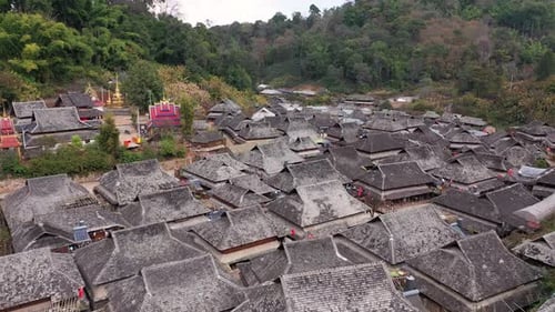 Aerial view of buildings and trees in Puer, China.
