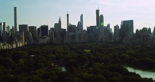 Central park and iconic manhattan skyline from above on a sunny New York day