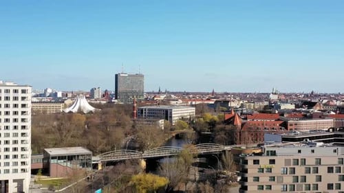 Aerial view of buildings and trees, Berlin, Germany.