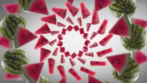 Spinning Watermelon Slices and Whole Fruits Loop Background