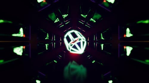 Polyèdre vert abstrait dans une boucle de tunnel futuriste