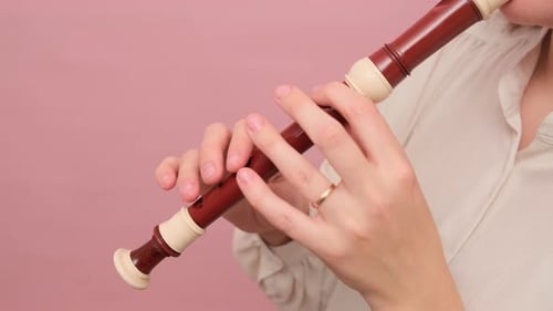 Hands playing a wooden recorder on a pink background. Close-up photography. Musical instrument and c