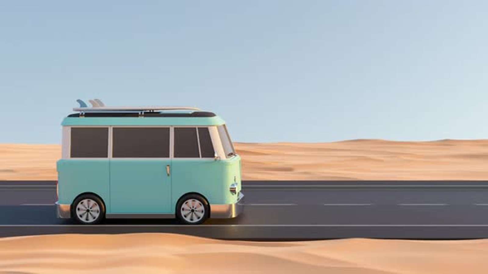 3D Animation Loop Retro Camper Driving on Road in Desert Area ...