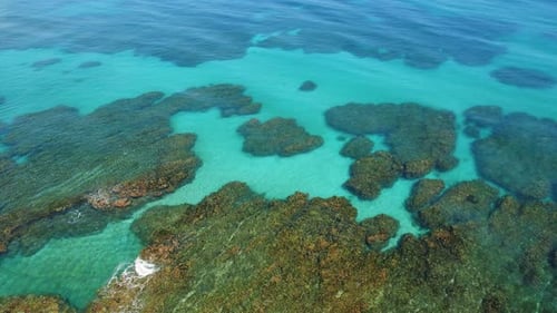 Drohnenaufnahme von klarem Meerwasser, die Riffformen unter der Oberfläche enthüllt