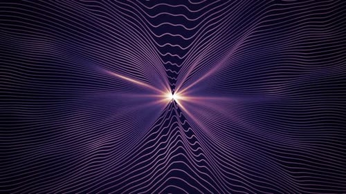 Looped abstract background with smooth wavy strings and bright shiny light in a center