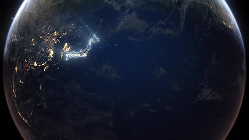 Realistic Earth Orbit and Zoom Glowing Borders Japan