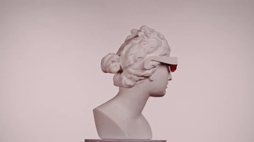 Closeup Shot Ancient Marble Bust Statue of Roman Era Woman in 3d Glasses Spinning Round on a