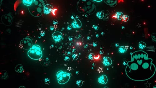 Turquoise And Red Neon Halloween Scary Skull Background Vj Loop in 4K
