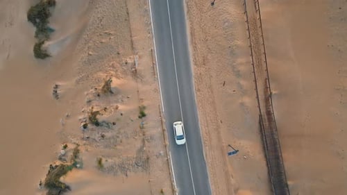 Top View Asphalt Highway Passing Sand Desert Diverse Cars Driving Straight Road