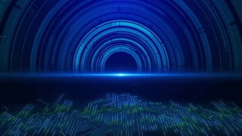 Futuristic Digital Tunnel with Glowing Circuit Board Network Loop