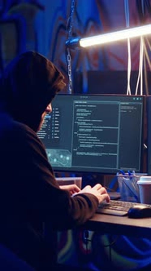 Hacker de Vídeo Vertical Usando Computador para Atacar Conexões Vulneráveis Não Corrigidas