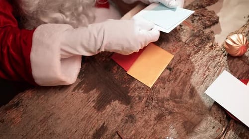 Santa Claus Opening Colorful Christmas Envelopes