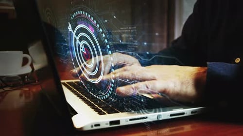 Target business strategy symbol and man typing keyboard