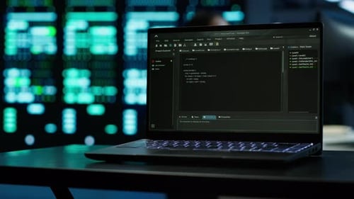 Nahaufnahme von Code, der auf dem Laptop-Bildschirm im Rechenzentrum ausgeführt wird
