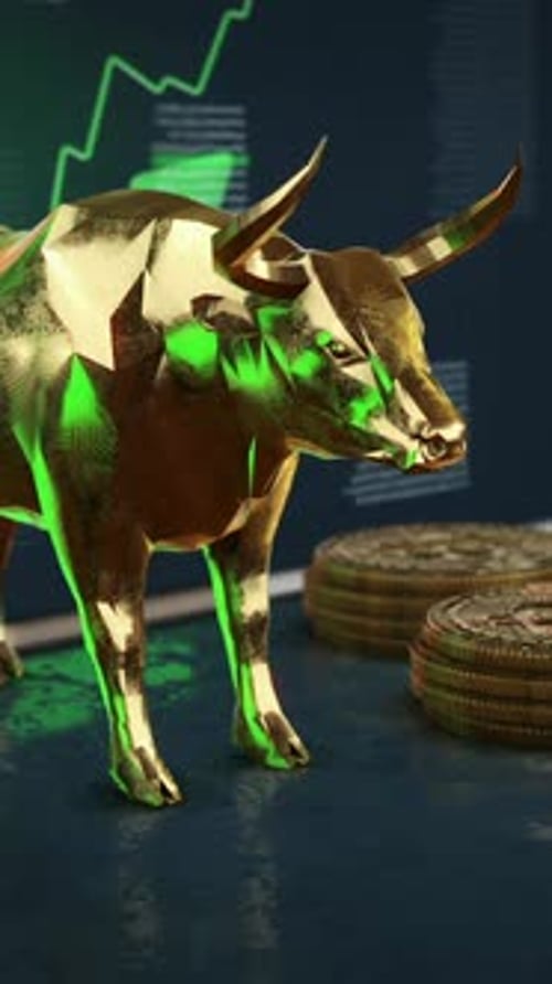 Bull Market Rising Financial Chart With Golden Bull Vertical 3D Loop 4K