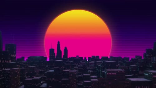 Retro 80s style looping animation with night city background. Synthwave seamless loop cyberpunk city