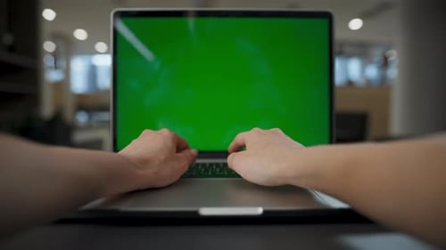 Businesswoman arms texting green screen laptop preparing report in luxury office