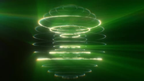 Glowing green holographic sphere made of luminous rings and light beams