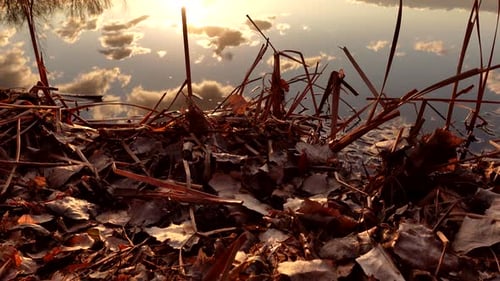 Reflection of sunset and clouds over lake surface