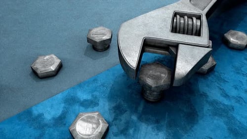 Chave ajustável e porcas hexagonais na superfície azul