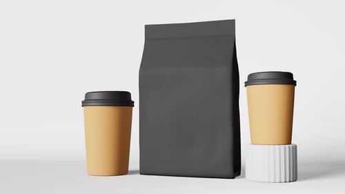 Paper coffee cups black lid pouch bag mockup on podium 3D animation loop Coffee shop discount 4K