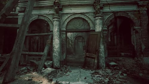 Abandoned Building with Crumbling Architecture in Overgrown Landscape